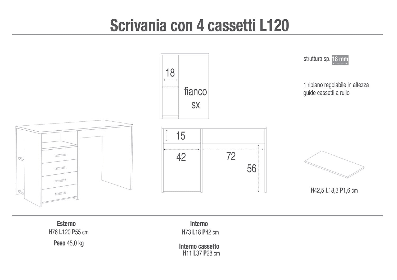 Scrivania da Ufficio 4 Cassetti 120x76x55 cm Bianco Fiammato