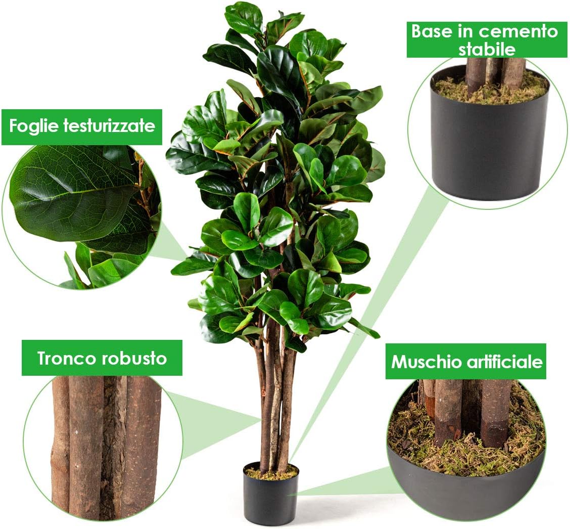 Albero Pianta Fico Ficus Artificiale Plastica, Verde, 150cm, Vaso Ø17cm