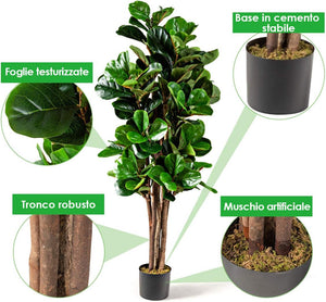 Albero Pianta Fico Ficus Artificiale Plastica, Verde, 150cm, Vaso Ø17cm