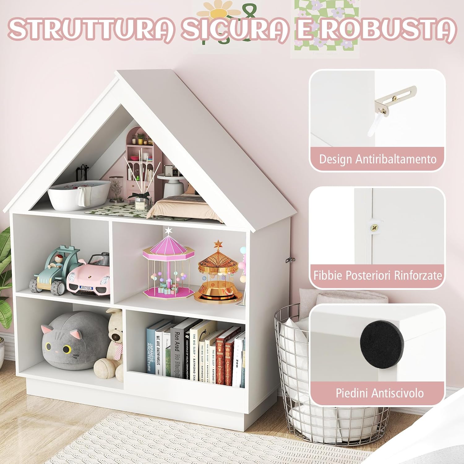 Libreria per Bambini a Forma di Casa, Scaffale in Legno con 5 Cubi per Giocattoli, Organizer di Stoccaggio Antiribaltamento, Scaffale Aperto a 3 Livelli, 88x34x108 cm (Bianco)