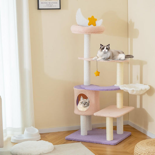 Albero per Gatti da 58 cm, Torre per Gatti Multilivello da Interno Viola con Pali Graffiati Rivestiti di Sisal, Piattaforme, Giochi Pendenti e Cuccia, Centro Attività per Gattini