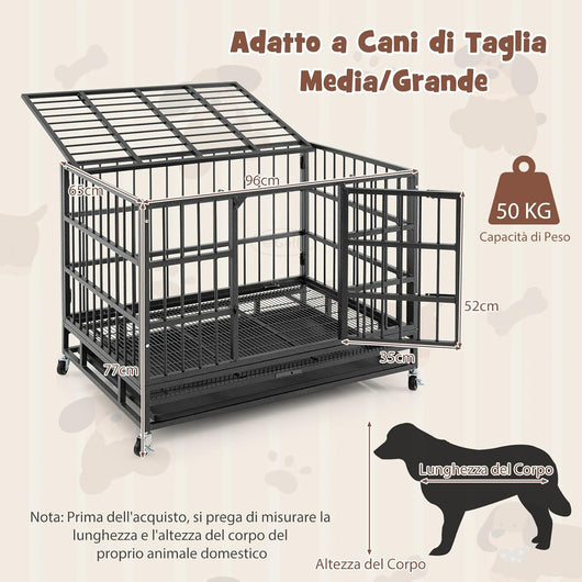 Gabbia per Cani in Metallo Pieghevole, Gabbia per Cani Anti-masticazione con Ruote, Vassoio Rimovibile e 2 Porte, Gabbia da Interno ed Esterno per Cani Media e Grande (96 x 65 x 77 cm)