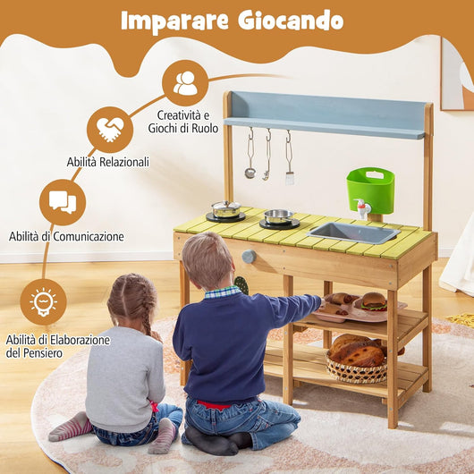 Cucina per Bambini da Esterno, Cucina Giocattolo con Serbatoio d'Acqua Rimovibile Rubinetto Realistico Lavello Staccabile, Gioco Cucina da Giardino per Bambini, in Legno, 3 Anni+