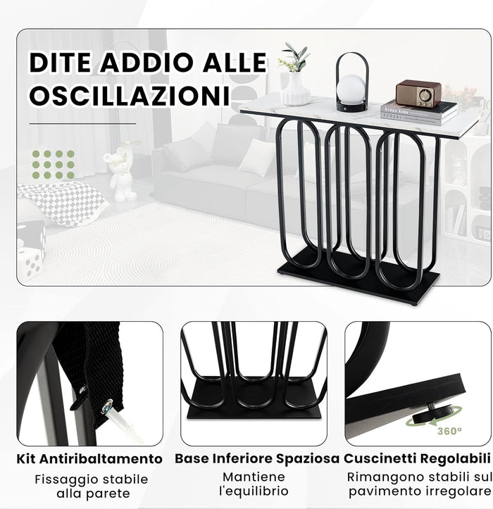 Tavolo Consolle 100 CM, Mobile Ingresso con Piano Effetto Marmo, Piedini Regolabili, Struttura in Metallo e Kit Anti-Ribaltamento, Tavolino Moderno per Ingresso, Salotto e Corridoio