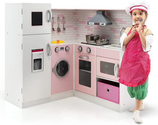 Cucina Giocattolo per Bambini in Legno, Mini Cucina Angolare per Bambini con Luci e Suoni Interattivi e Accessori per Cucina, Ideale per Bambini più di 3 Anni, Rosa