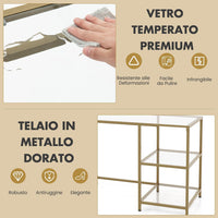 Tavolo Console Moderno da 106 cm, Tavolo d'Ingresso in Vetro Temperato con 2 Ripiani Aperti e Telaio in Metallo, Tavolo Stretto per Ingresso, Corridoio e Soggiorno