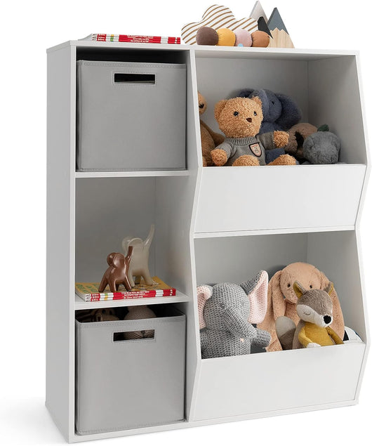 Mobile Portagiochi per Bambini, Libreria a Cubi con 5 Ripiani e 2 Contenitori di Tessuto, Scaffale Portagiochi per Bambini in Legno, per Cameretta Asilo Nido Scuola Materna, Bianco