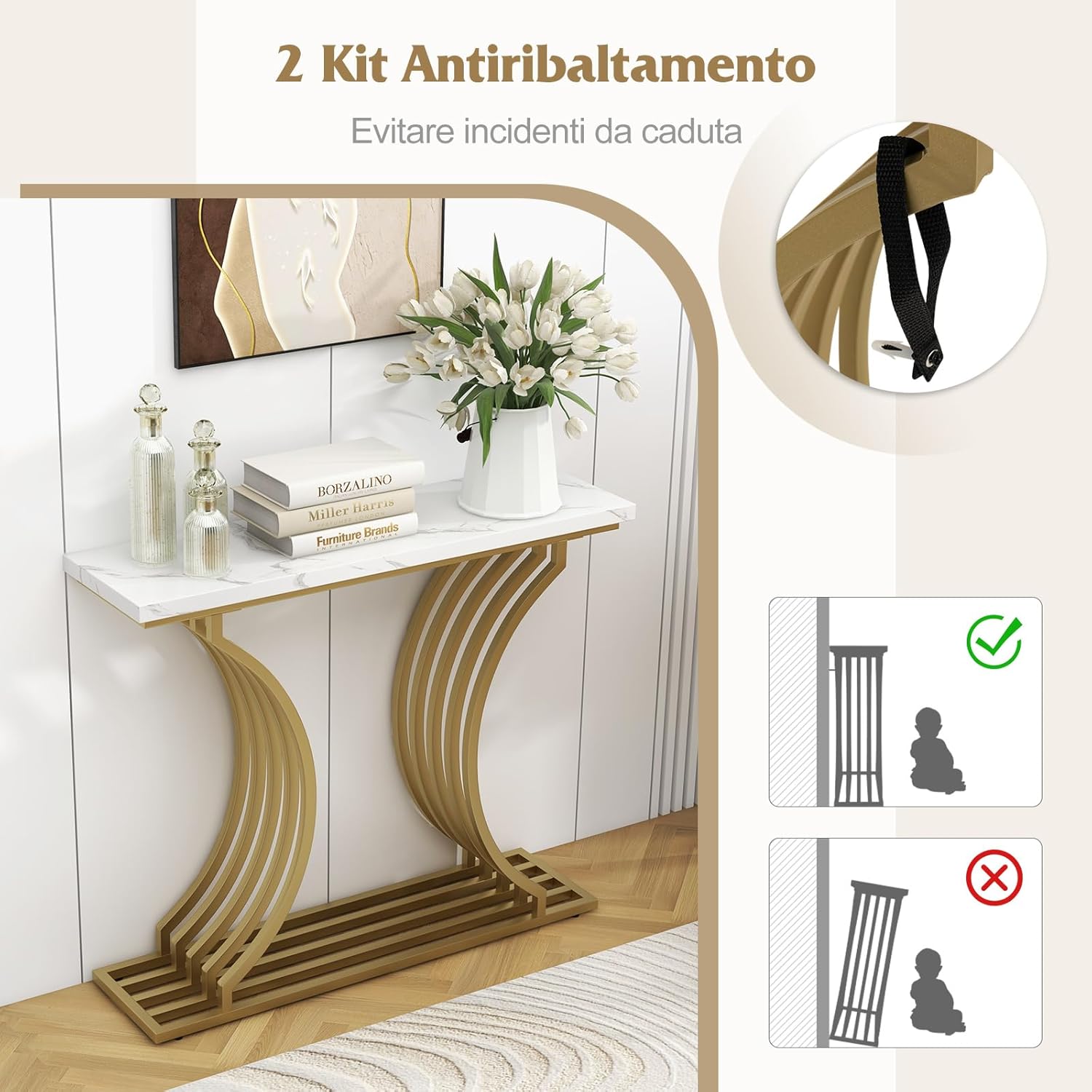 Tavolo Consolle in Oro, Tavolo d'Ingresso Moderna con Piano in Finto Marmo Bianco, Tavolo Stretto per Divano con Gambe Metalliche Geometriche per Soggiorno, Ingresso e Corridoio