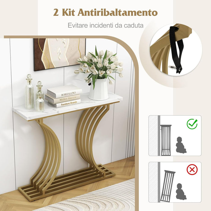 Tavolo Consolle in Oro, Tavolo d'Ingresso Moderna con Piano in Finto Marmo Bianco, Tavolo Stretto per Divano con Gambe Metalliche Geometriche per Soggiorno, Ingresso e Corridoio