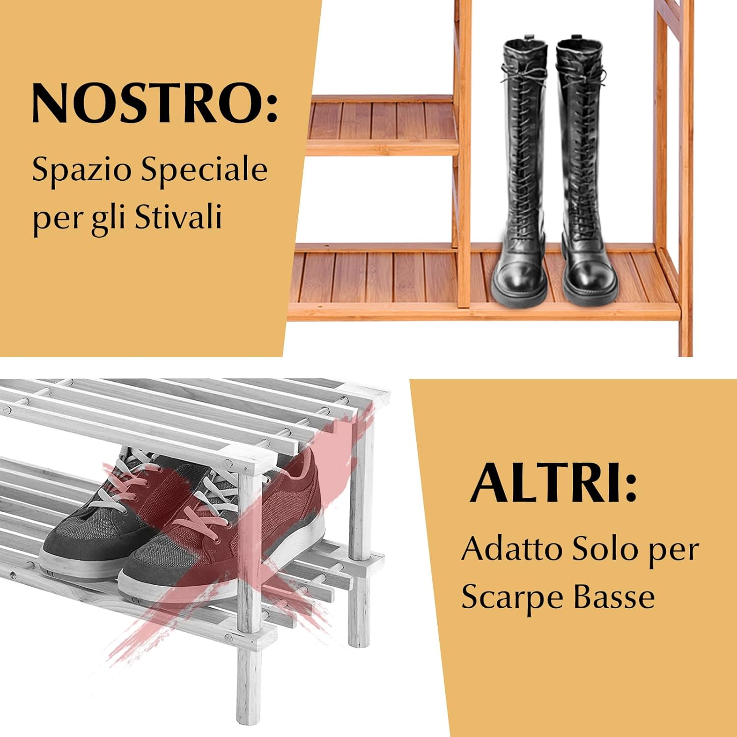 Portascarpe in Bambù con Maniglia, Scaffale per Scarpe in bambù con 4 Ripiani, Organizzatore Multifunzionale per Ingresso Soggiorno Bagno, 68,5 x 28 x 75 cm