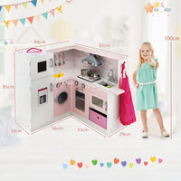 Cucina Giocattolo per Bambini in Legno, Mini Cucina Angolare per Bambini con Luci e Suoni Interattivi e Accessori per Cucina, Ideale per Bambini più di 3 Anni, Rosa