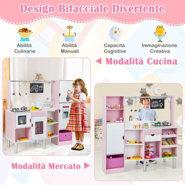 Cucina e Mercato per Bambini 2 in 1, Cucina Giocattolo per Bambini con Luci e Suoni, Produttore di Ghiaccio e Lavagna, Ideale per Bambini 3 Anni+