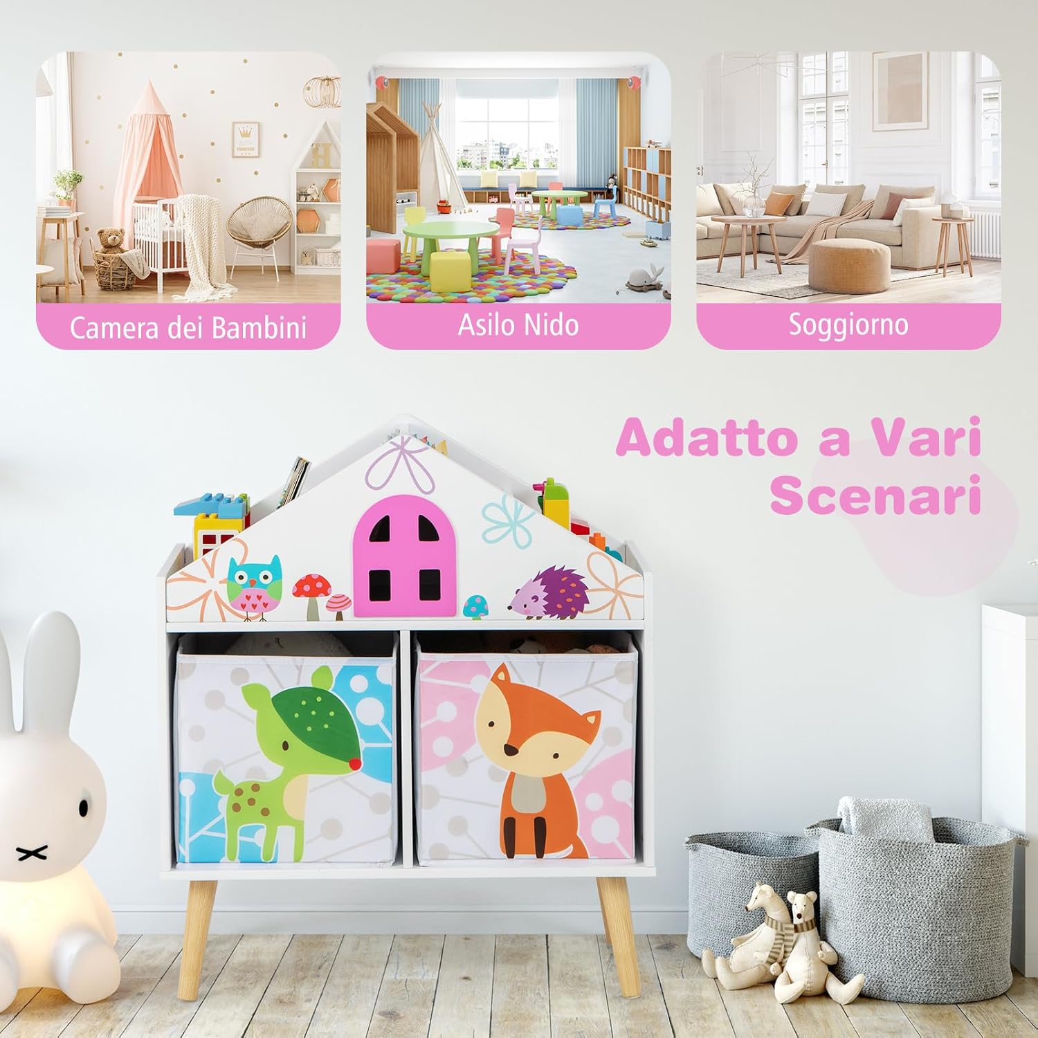 Libreria per Bambini con 2 Contenitori Rimovibili, Libreria a Forma di Casa con Gambe in Legno Massello, Scaffale per Giocattoli per Cameretta Soggiorno Asilo Nido, 62x30x72 cm