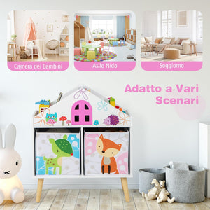 Libreria per Bambini con 2 Contenitori Rimovibili, Libreria a Forma di Casa con Gambe in Legno Massello, Scaffale per Giocattoli per Cameretta Soggiorno Asilo Nido, 62x30x72 cm