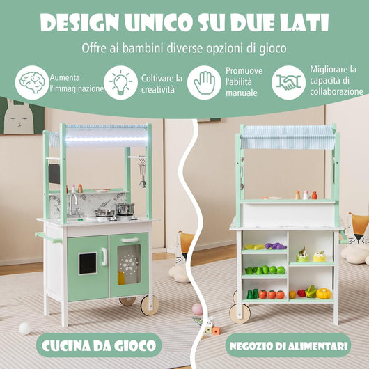 Cucina & Negozio per Bambini 2 in 1, Set Cucina Giocattolo a Doppia Faccia per Bambini in Legno, con Telecomando e Barre Luminose a LED, Ruote, per Bambini 3+ Anni