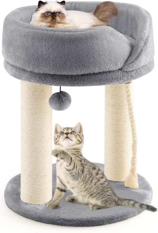 Tiragraffi per Gatti, Albero Tiragraffi Gatto con Cuccia in Peluche, Pallina, Corde e Tiragraffi in Sisal, Tiragraffi da Divano in Legno per Gatti Piccoli, 43 x 43 x 53 cm (Grigio)