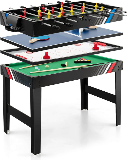 4 in 1 Tavolo da Gioco Multiuso, Tavolo da Calcio Balilla con Biliardo Hockey e Ping Pong, Set di Giochi con Accessori per Casa Feste Bar, 125x97x83 cm