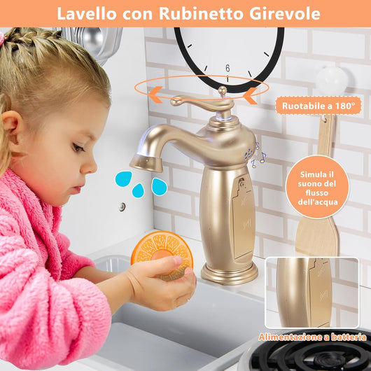 Cucina Giocattolo per Bambini, Cucina Legno per Bambini con Forno, Scomparti, Rubinetto, Lavello e Telefono, 3 Anni+, Bianco