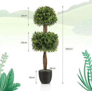 Albero Bosso Artificiale da 100 CM, Albero Finto con Doppia Sfera e Vaso di Plastica Riempito di Cemento, Piante Finte Resistenti ai Raggi UV, Decorazione per Ingresso, Giardino e Casa