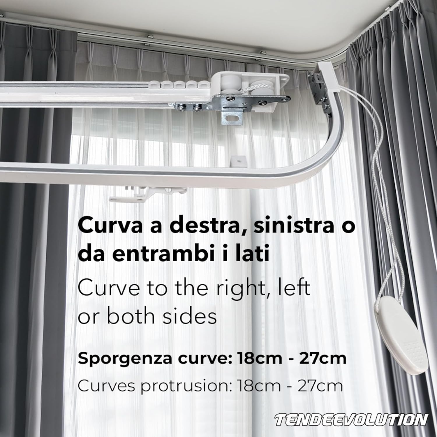 Binario Scorritenda da Soffitto in Alluminio Bianco, Curve Sporgenti 22cm, Movimento a Corda Apertura DX CM Lungh. 240cm