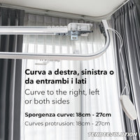 Binario Scorritenda da Soffitto in Alluminio Bianco, Curve Sporgenti 22cm, Movimento a Corda Apertura DX CM Lungh. 240cm