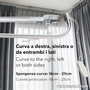 Binario Scorritenda da Soffitto in Alluminio Bianco, Curve Sporgenti 22cm, Movimento a Corda Apertura DX CM Lungh. 240cm