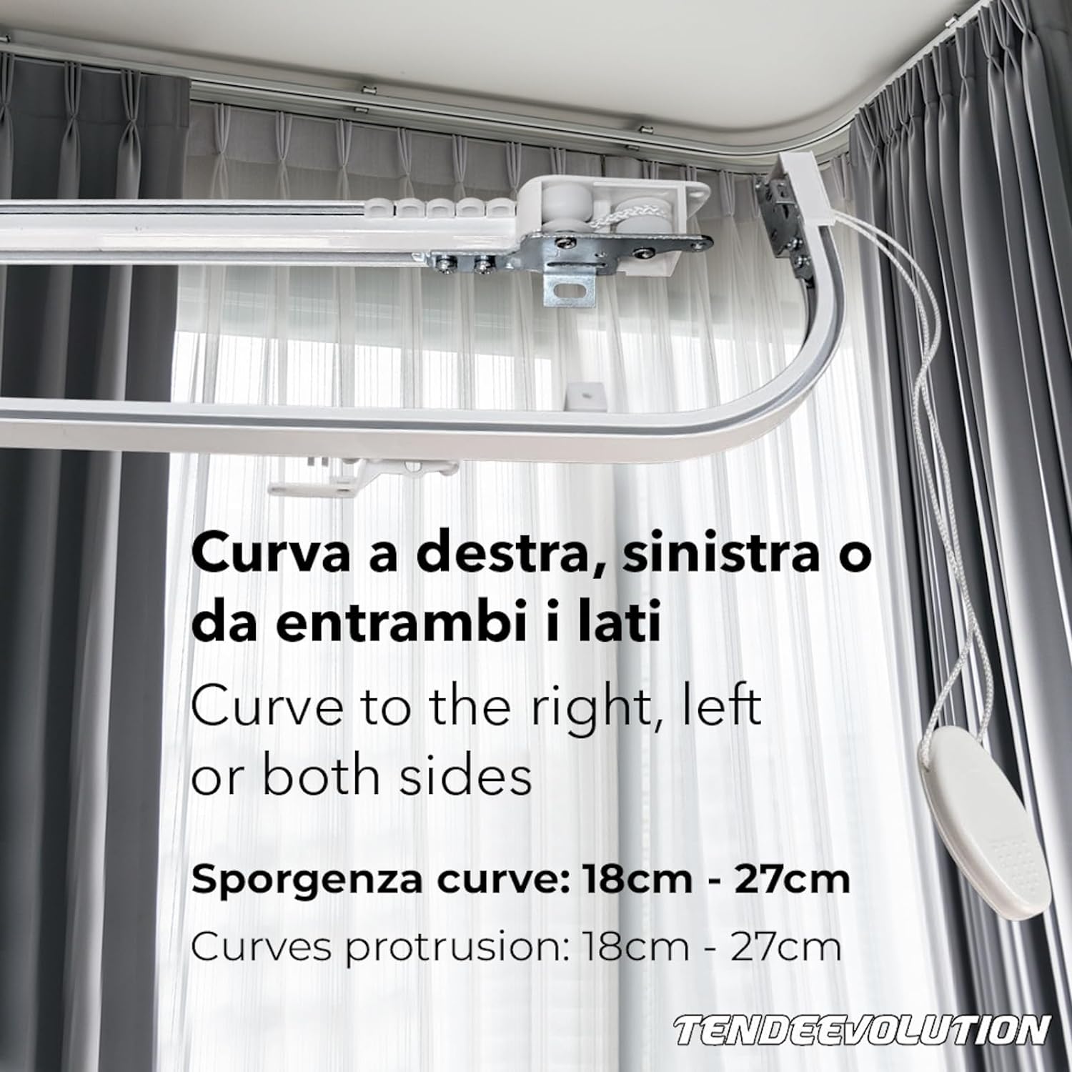 Binario Scorritenda da Soffitto in Alluminio Bianco, Curve Sporgenti 22cm, Movimento a Corda Apertura DX CM Lungh. 320cm