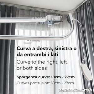 Binario Scorritenda da Soffitto in Alluminio Bianco, Curve Sporgenti 22cm, Movimento a Corda Apertura DX CM Lungh. 320cm