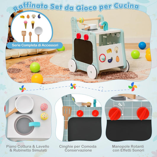 Girello per Bambini 6 in 1, Carrellino Primi Passi per Bmbini in Legno, con Cucina Giocattolo, Gioco Educativo con Ruote per Bambini 12 Mesi + (Blu)