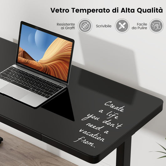 Scrivania Regolabile in Altezza con Cassetto, Scrivania con Piano in Vetro, 2 Posizioni di Memoria e Porte USB Tipo-C, Scrivania per Ufficio e Casa, 120 x 60 x 73-118 cm (Nero)