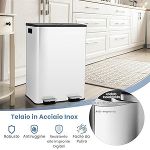 Pattumiera per Differenziata 2 Scomparti, Secchi Spazzatura Differenziata 2 x 30 L, Bidone con Coperchi a Chiusura Morbida, Acciaio Inox Anti-Impronte (Bianco)