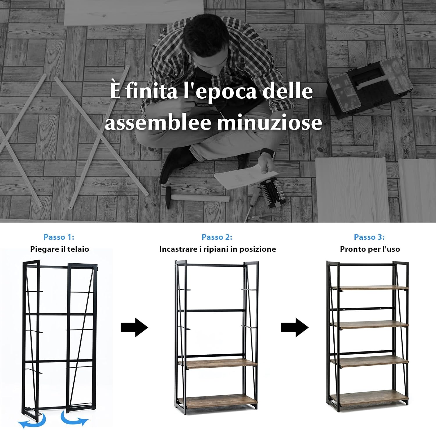 Scaffale Pieghevole a 4 Livelli, Scaffale in Legno con Struttura in Metallo, Libreria Industriale e Multifunzionale per Ufficio Soggiorno e Cucina, 60x30x117 cm