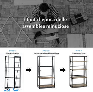 Scaffale Pieghevole a 4 Livelli, Scaffale in Legno con Struttura in Metallo, Libreria Industriale e Multifunzionale per Ufficio Soggiorno e Cucina, 60x30x117 cm