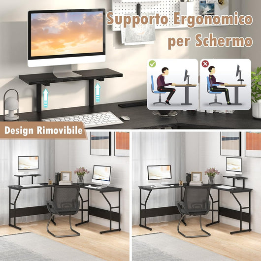 Scrivania ad Angolo a Forma di L con Presa Elettrica, Scrivania Angolare per Computer con Supporto Monitor Movibile, 225cm Postazione da Lavoro per 2 Persone per Lavoro e Gioco (Nero)