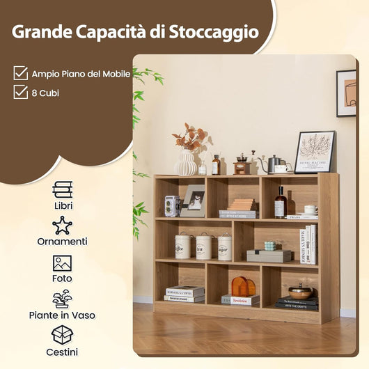 Scaffale Multiuso a 3 Livelli, Mobiletto Espositore Moderno a 8 Cubi, Libreria di Legno per Bambini, Organizer Giocattoli per Camera da Letto, Soggiorno, Studio, Bianco (Naturale)