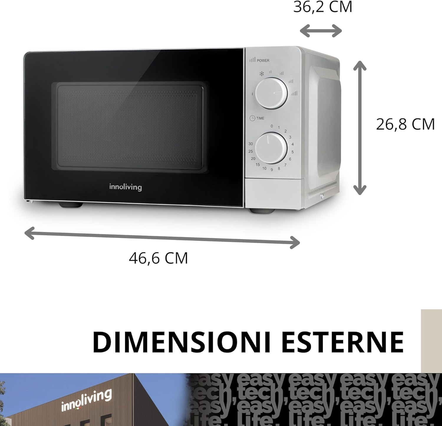 Innoliving Forno a Microonde INN-860 da 20L, 700W, Design Compatto con Funzione Scongelamento e Timer, Facile da Usare, Perfetto per Cucine di Piccole Dimensioni, Design Moderno