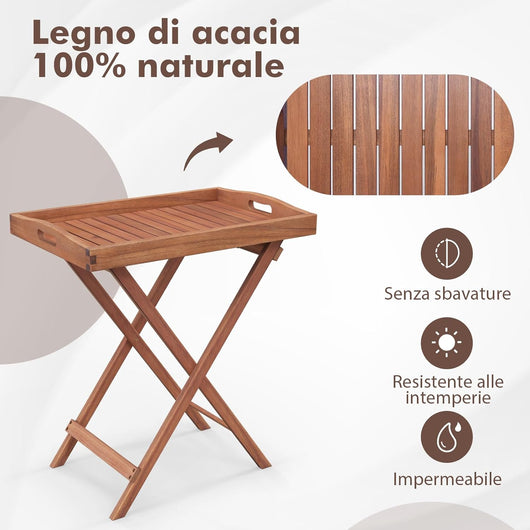 Tavolino Laterale da Giardino in Legno di a Acacia, Tavolino Pieghevole con Vassoio Rimovibile e Struttura a X, Tavolino da Tè per Interni ed Esterni, Portata 40 kg, 68 x 44 x 74 cm