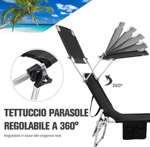 Lettino Prendisole con Parasole, Sedia a Sdraio Pieghevole da Giardino con Schienale Reclinabile, per Spiaggia Patio Piscina (nero)