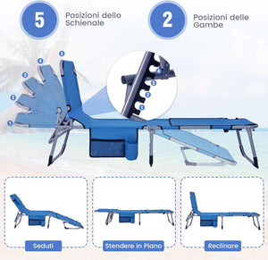 Sedia a Sdraio Pieghevole, Lettino Prendisole Regolabile in Metallo, con Poggiatesta, Cuscino e Tasca, per Spiaggia, Giardino, Balcone, Fino a 180 kg (Blu)