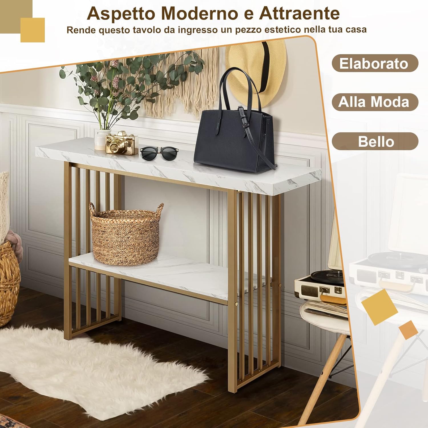 Tavolo da Ingresso a 2 Livelli Stretto e Compatto, Tavolo da Divano in Finto Marmo con Struttura in Acciaio, Tavolo Consolle Moderno per Salotto e Corridoio, 120 x 29,5 x 92,5 cm