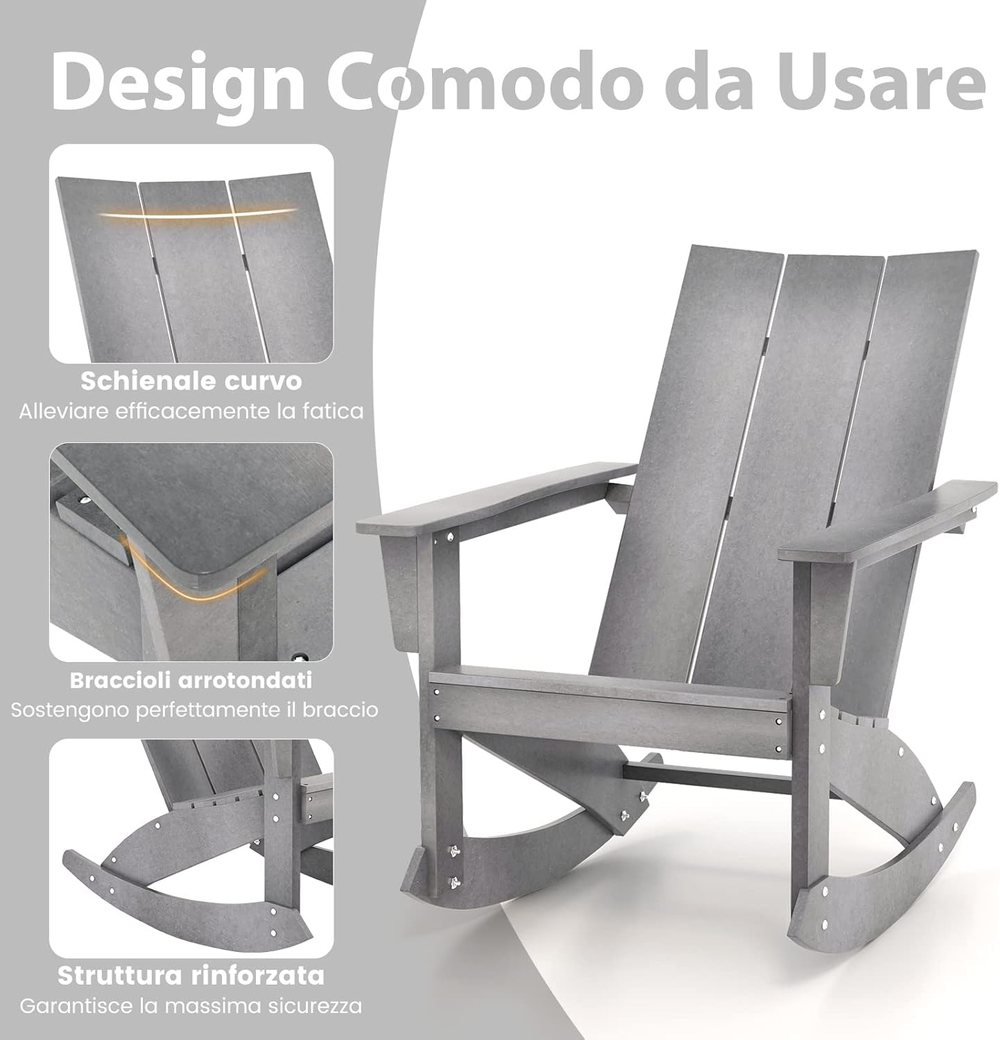 Sedia a Dondolo Adirondack, HDPE Dondolo Impermeabile da Esterno con Schienale Curvo, Portata 150 kg, Sedia Dondolo da Giardino Balcone, Grigio