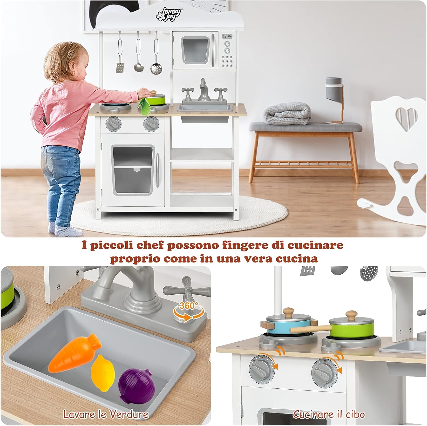 Cucina Giocattolo Per Bambini, Cucina di Legno con Accessori da Cucina, Set Cucina con Pentole e Utensili per Cucinare, Bianco