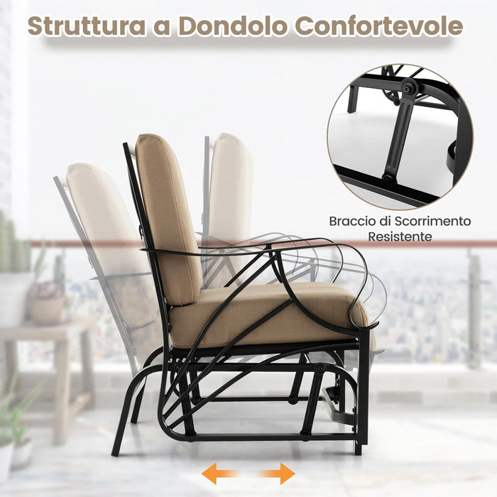 Sedia a Dondolo da Giardino Singola, Panchina a Dondolo in Metallo con Cuscini, 73 x 66,5 x 89 cm, Carico Massimo 150kg, Sedia a Dondolo da Esterno Giardino Terrazza (Khaki)