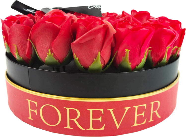 Box tondo Rose rosse artificiali bouquet di 29 rose perenni, confezione mazzo di rose per San Valentino, cm 23x23x14 scatola in cartone rosso