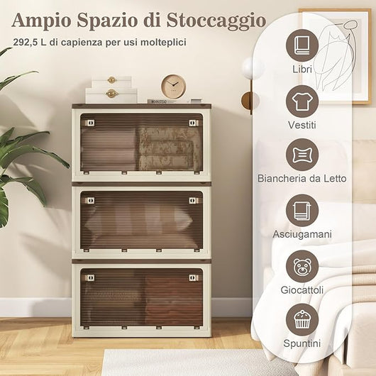 98Lx3 Contenitori Pieghevoli con Coperchi, Set di 3 Scatole Sovrapponibili con Ruote e 5 Porte, Contenitori di Plastica per Casa, Ufficio e Campeggio, 66,5x46,5x111,5 cm (Bianco)