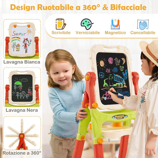 Cavalletto per Bambini, Lavagna Magnetica a Doppia Faccia Regolabile in Altezza, Tavolo da Disegno Staccabile con Manico Portatile e 2 Tazze, per Bambini 3 Anni + (Arancia)