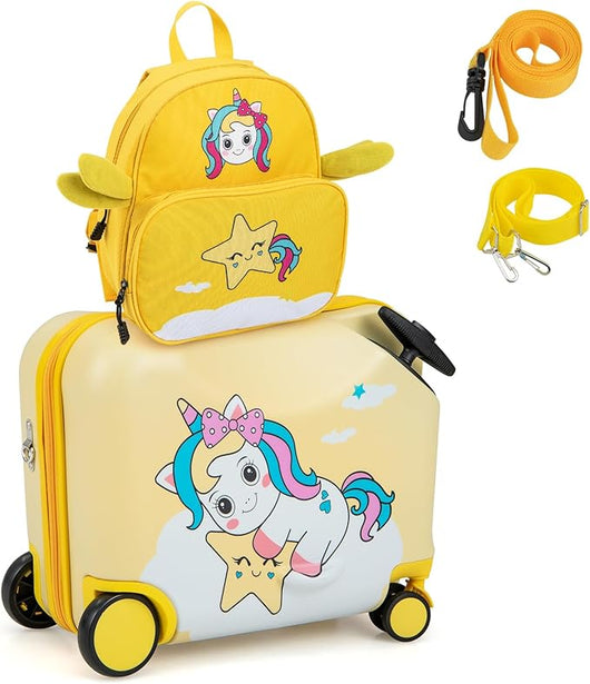 Valigia Cavalcabile per Bambini, 18" Valigia+ 12" Zaino,2 Pezzi, Trolley Bambini Bagaglio a Mano con Ruote Girevoli e Maniglia Retrattile, 2 Cingie Multiuso (Modello 3)