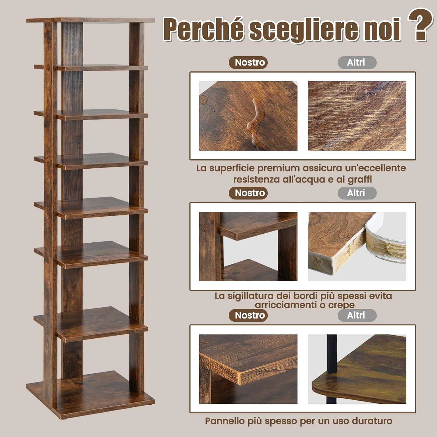 Scarpiera a 7 Ripiani, Scaffale Portascarpe in Legno con 2 Ripiani di Diverse Altezze, Scaffale Portaoggetti Multifunzione per Ingresso Soggiorno Camera da Letto, 28,5x25,5x110 cm (Marrone)