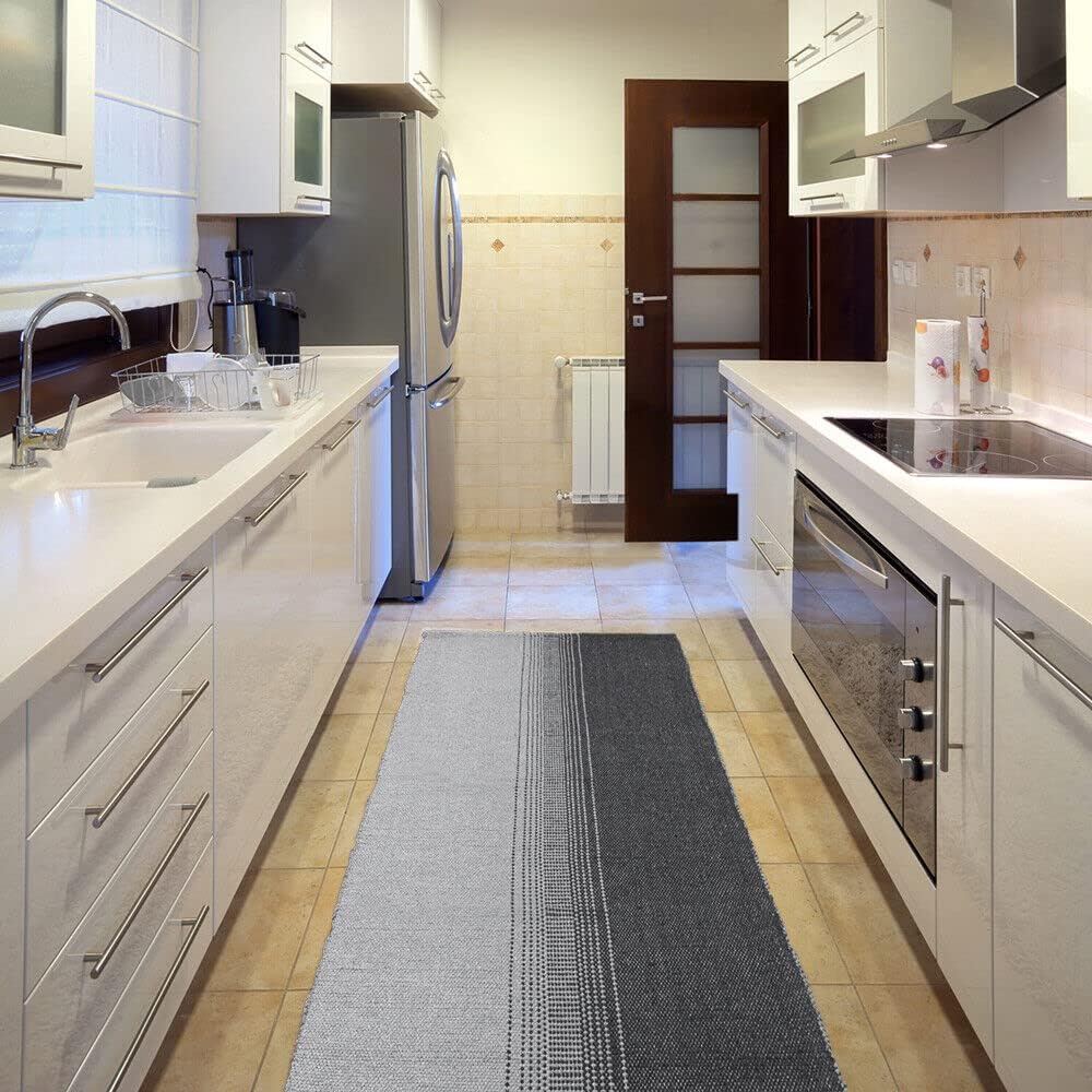 Tappeto Cucina Bagno Puro Cotone Assorbente Tessuto Intrecciato a Mano Grigio 55x240 cm