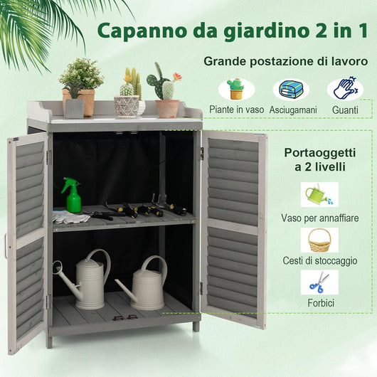 Armadietto da Esterno in Legno, Capanni da Esterno con Piano in Metallo Placcato e 2 Ante a Persiana, Mobile Porta Attrezzi da Giardino e Terrazzo, 67 x 47 x 100 cm, Grigio